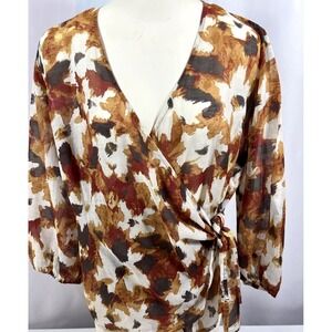 J. Jill Women's Wheat Painterly Cotton Silk Full Wrap Blouse Cottage Size Medium